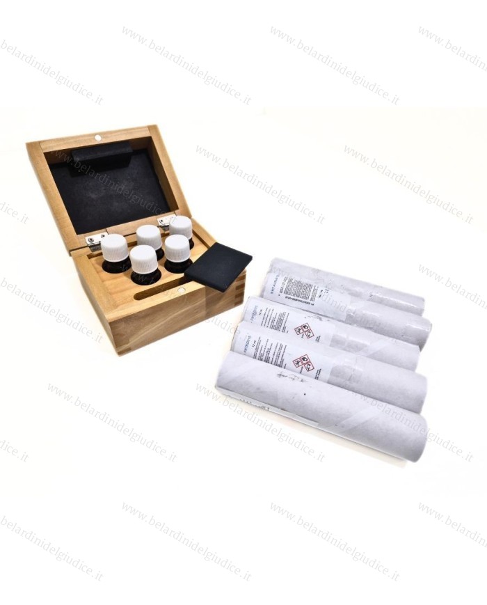 Set per saggi: Scatola con 5 flaconi + 5 acidi + pietra
